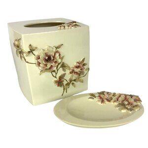 Croscill Charlotte Floral Ceramic Tissue Box Cover & Soap Dish Set Cottagecore